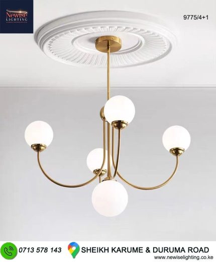 White Glass Ball Chandelier Branch Swoop Arm Gold