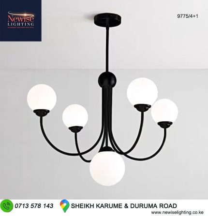 White Glass Ball Chandelier Branch Swoop Arm Black